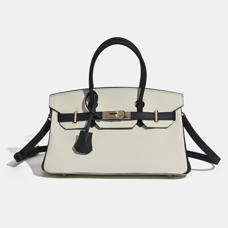 Women's Minimalist Full-Grain Leather Horizontal Square Top Handle Bag In Gold Hardware