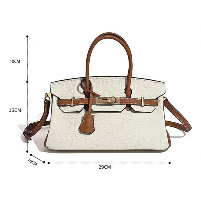 Sac à main horizontal en cuir pleine fleur pour femmes, avec des accessoires en or