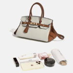 Sac à main horizontal en cuir pleine fleur pour femmes, avec des accessoires en or