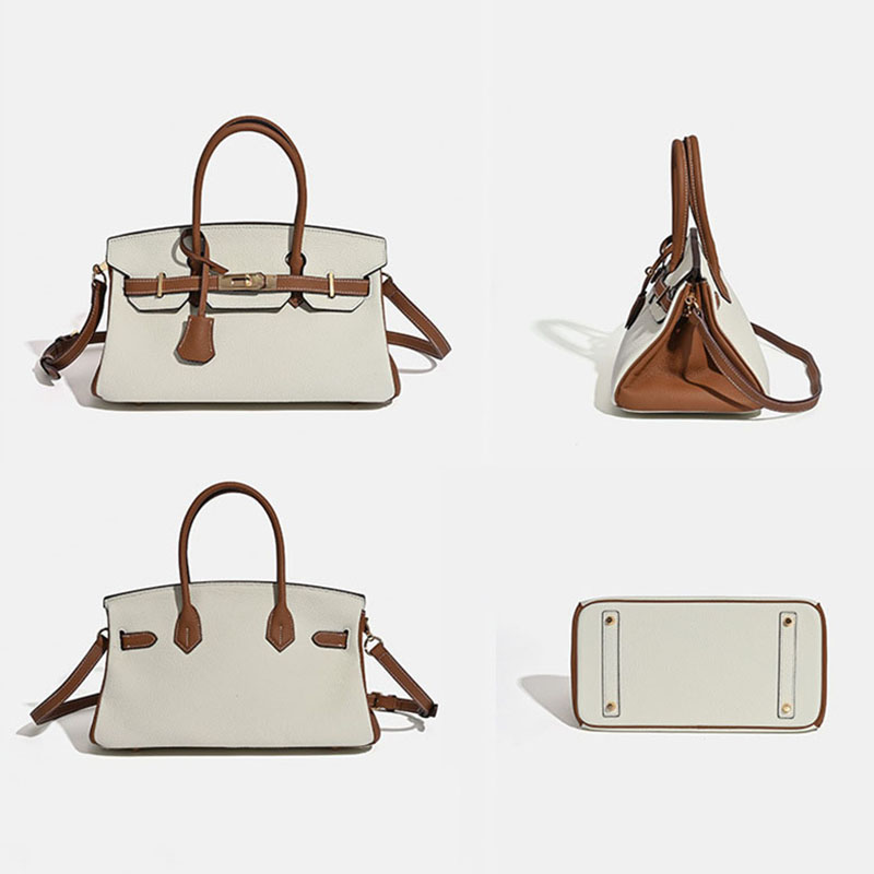 Sac à main horizontal en cuir pleine fleur pour femmes, avec des accessoires en or