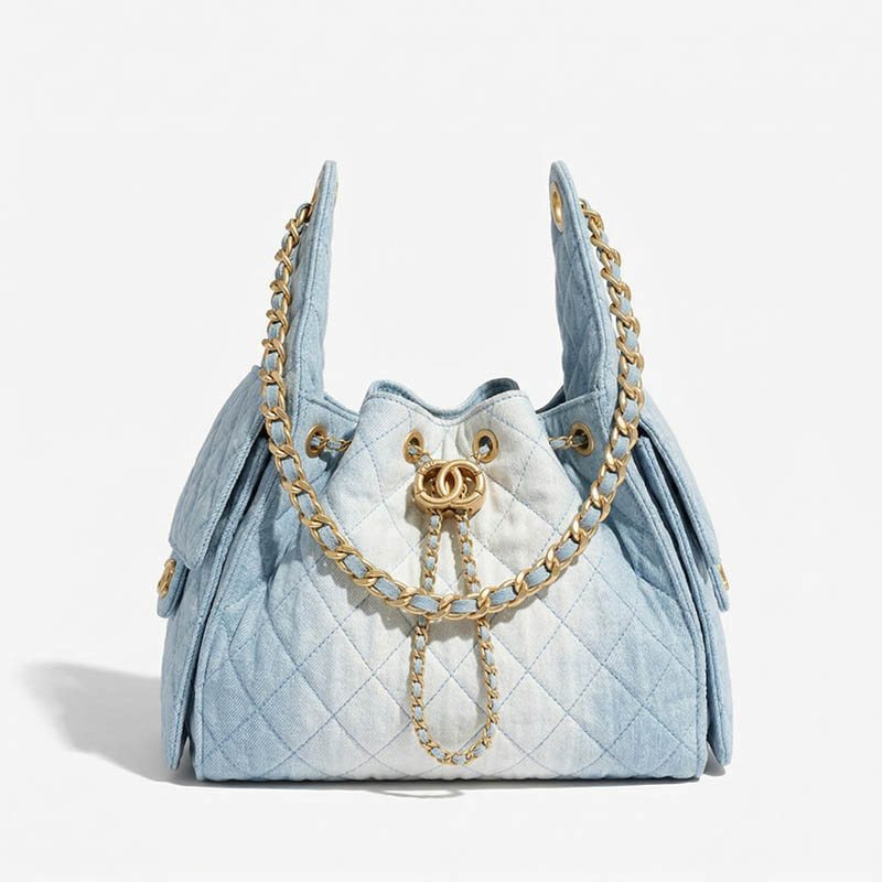 Women's Quilted Canvas Chain Hobo Bag In Gold Hardware