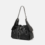 Gesteppte Damen Kaviar Korn Split Leder Drawstring Kette Bucket Bag In Silber Hardware