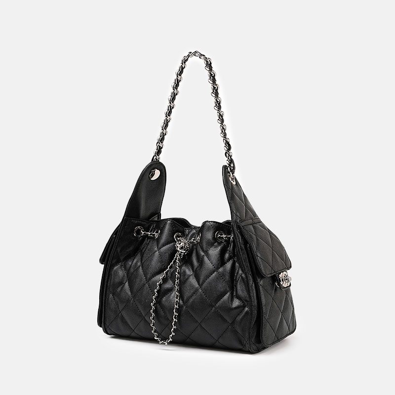 Gesteppte Damen Kaviar Korn Split Leder Drawstring Kette Bucket Bag In Silber Hardware