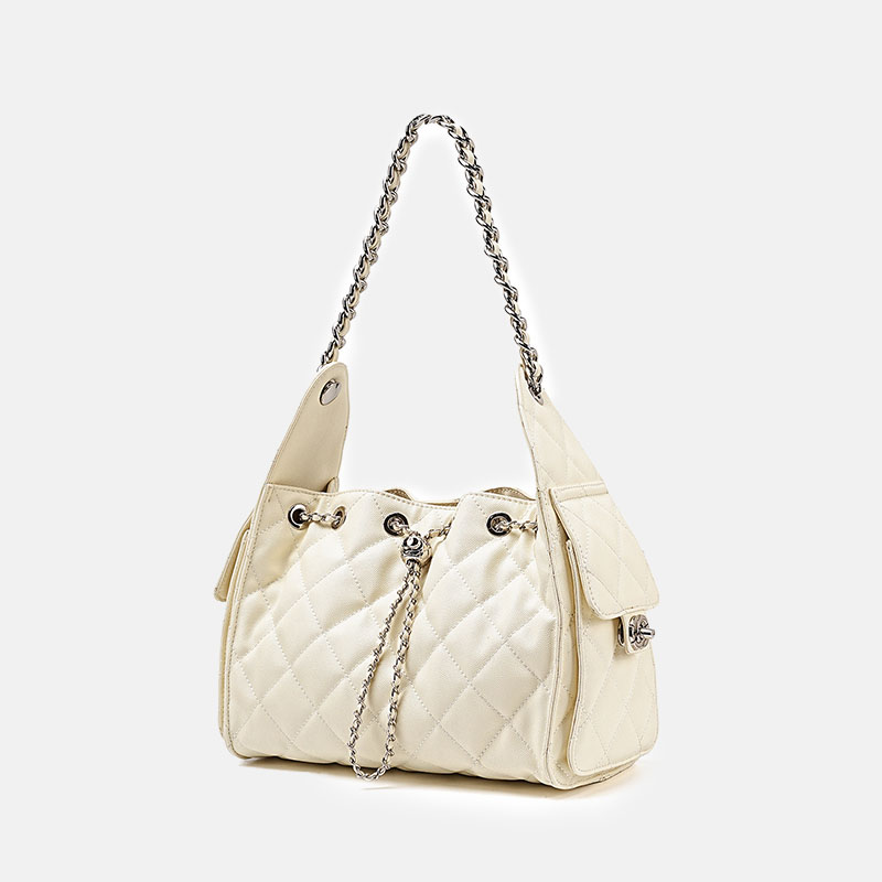 Gesteppte Damen Kaviar Korn Split Leder Drawstring Kette Bucket Bag In Silber Hardware