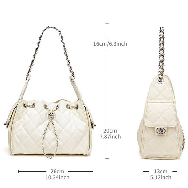Gesteppte Damen Kaviar Korn Split Leder Drawstring Kette Bucket Bag In Silber Hardware