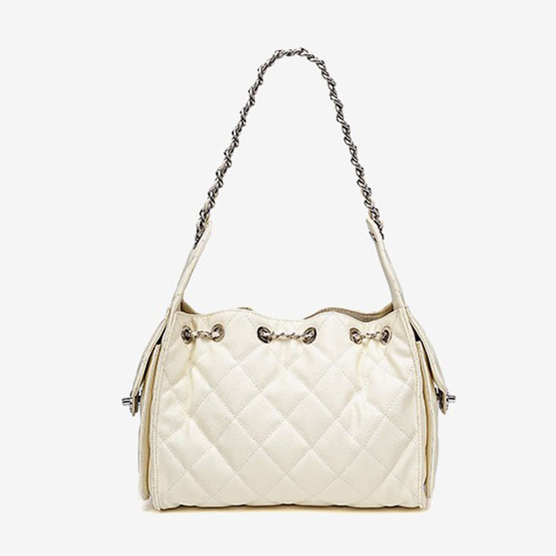 Gesteppte Damen Kaviar Korn Split Leder Drawstring Kette Bucket Bag In Silber Hardware