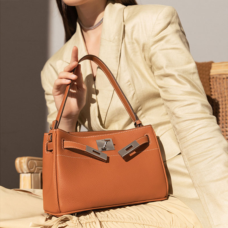 Sacs baguettes en cuir pleine fleur vintage pour femmes, avec quincaillerie argentée