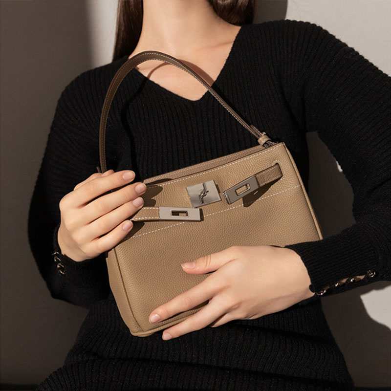 Sacs baguettes en cuir pleine fleur vintage pour femmes, avec quincaillerie argentée