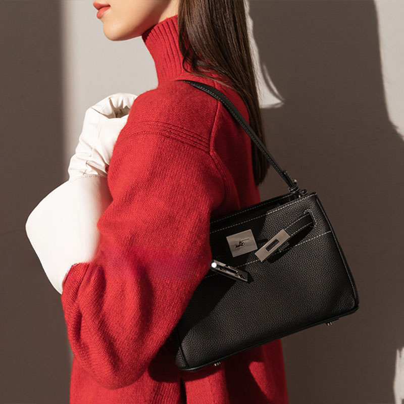 Sacs baguettes en cuir pleine fleur vintage pour femmes, avec quincaillerie argentée