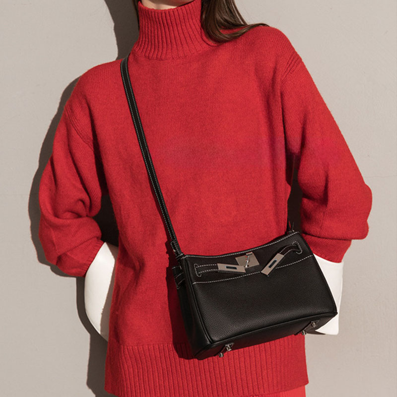 Sacs baguettes en cuir pleine fleur vintage pour femmes, avec quincaillerie argentée