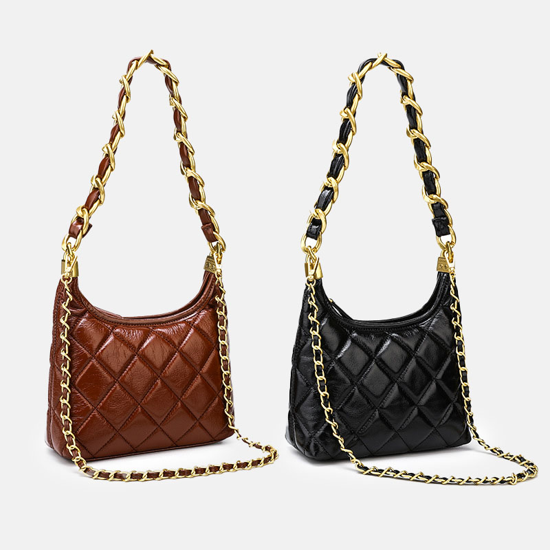 Femmes Vintage Quilted Oiled Wax Cowhide Leather Shoulder Hobo Bag In Chain Strap
