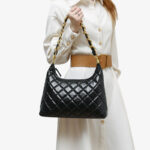 Femmes Vintage Quilted Oiled Wax Cowhide Leather Shoulder Hobo Bag In Chain Strap