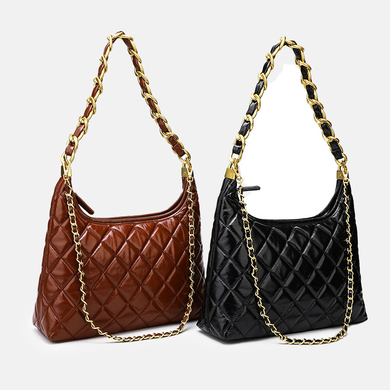 Femmes Vintage Quilted Oiled Wax Cowhide Leather Shoulder Hobo Bag In Chain Strap