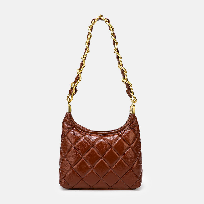 Femmes Vintage Quilted Oiled Wax Cowhide Leather Shoulder Hobo Bag In Chain Strap