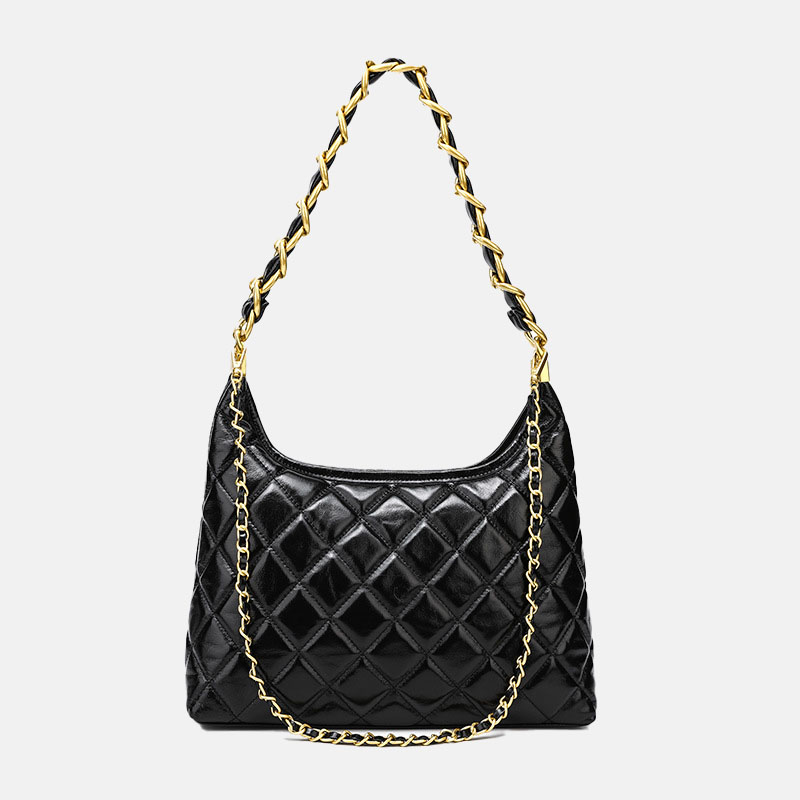 Femmes Vintage Quilted Oiled Wax Cowhide Leather Shoulder Hobo Bag In Chain Strap