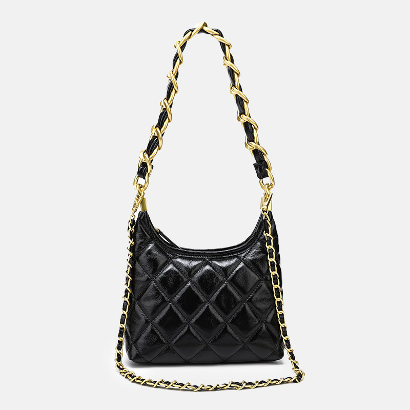 Femmes Vintage Quilted Oiled Wax Cowhide Leather Shoulder Hobo Bag In Chain Strap