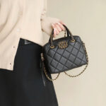 Women's Black Minimalist Quilted Full-Grain Leather Chain Strap Top Handle Bag In Gold Hardware