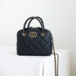 Women's Black Minimalist Quilted Full-Grain Leather Chain Strap Top Handle Bag In Gold Hardware