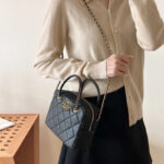 Women's Black Minimalist Quilted Full-Grain Leather Chain Strap Top Handle Bag In Gold Hardware