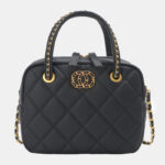 Women's Black Minimalist Quilted Full-Grain Leather Chain Strap Top Handle Bag In Gold Hardware