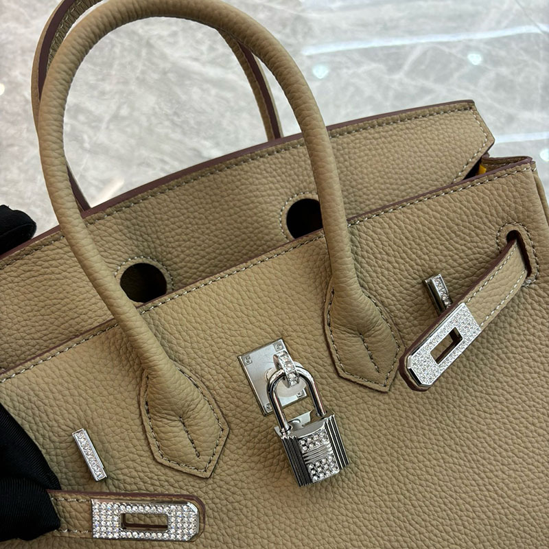 Women's Full Grain Leather Top Handle Bags with Rhinestones Silver Hardware