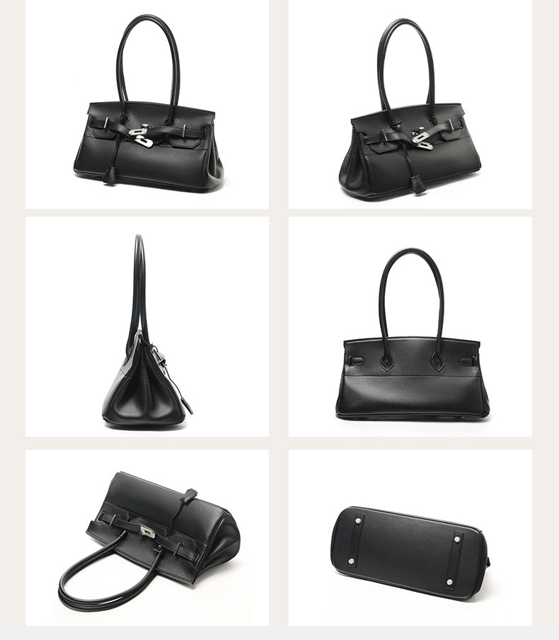 Große minimalistische Damen Baguette Tasche aus Vollnarbenleder mit silberner Hardware