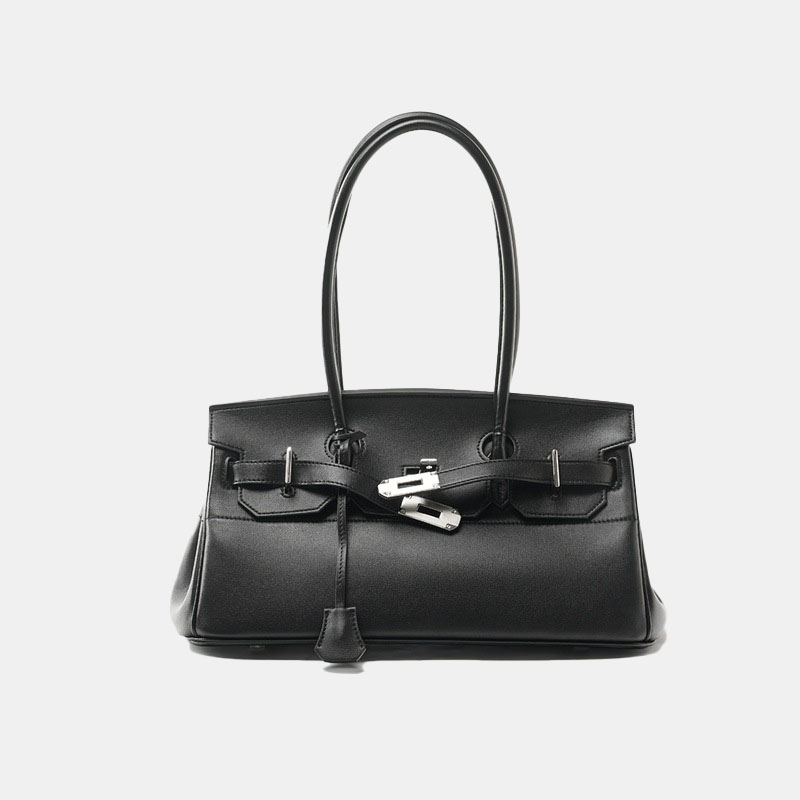 Große minimalistische Damen Baguette Tasche aus Vollnarbenleder mit silberner Hardware