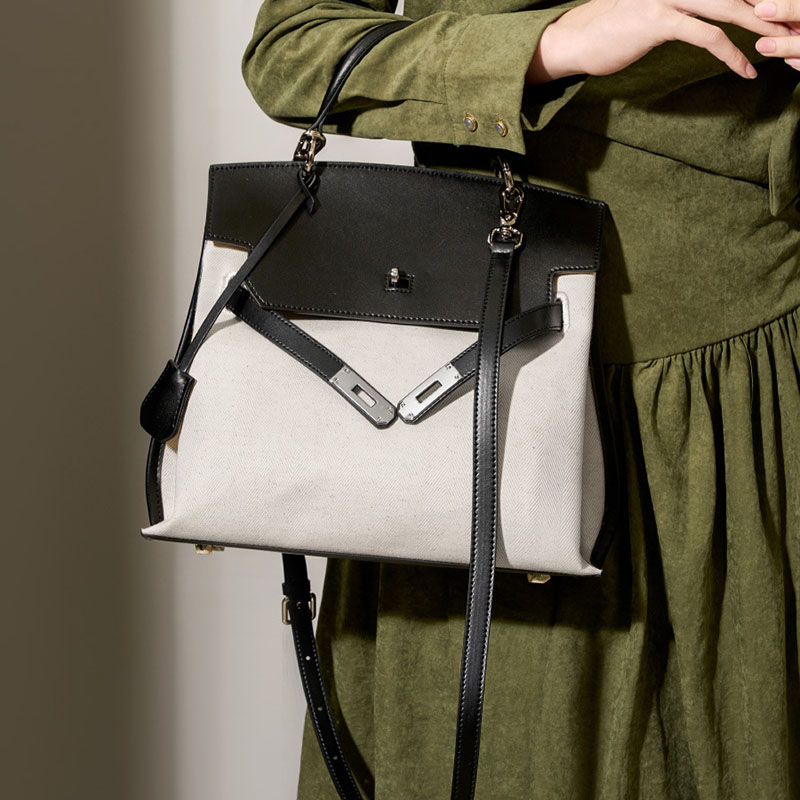 Minimalistische Damen Segeltuch Echtes Leder Top Handle Tasche in Silber Hardware