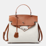 Minimalistische Damen Segeltuch Echtes Leder Top Handle Tasche in Silber Hardware
