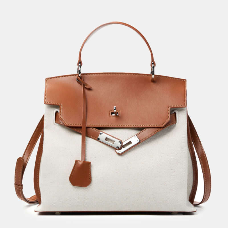 Minimalistische Damen Segeltuch Echtes Leder Top Handle Tasche in Silber Hardware