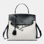 Minimalistische Damen Segeltuch Echtes Leder Top Handle Tasche in Silber Hardware