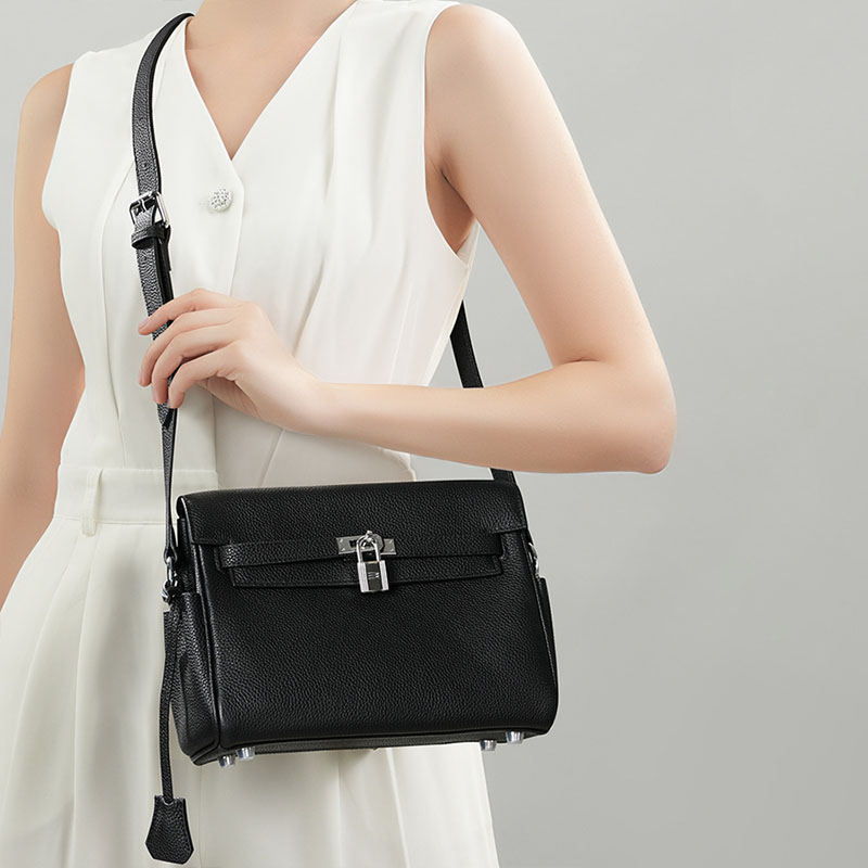Women's Minimalist Full-Grain Leather Lock Close Crossbody Bag In Silver Hardware
