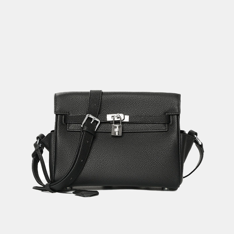 Sac à main minimaliste en cuir pleine fleur avec fermeture à clef pour femmes, en métal argenté