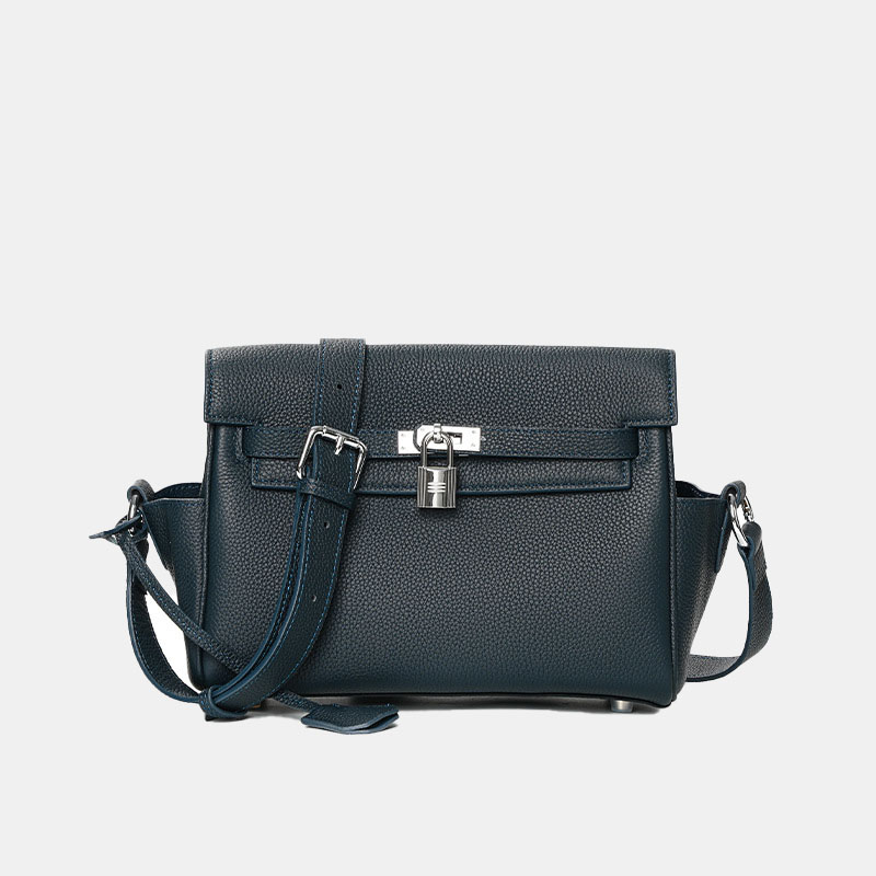 Women's Minimalist Full-Grain Leather Lock Close Crossbody Bag In Silver Hardware