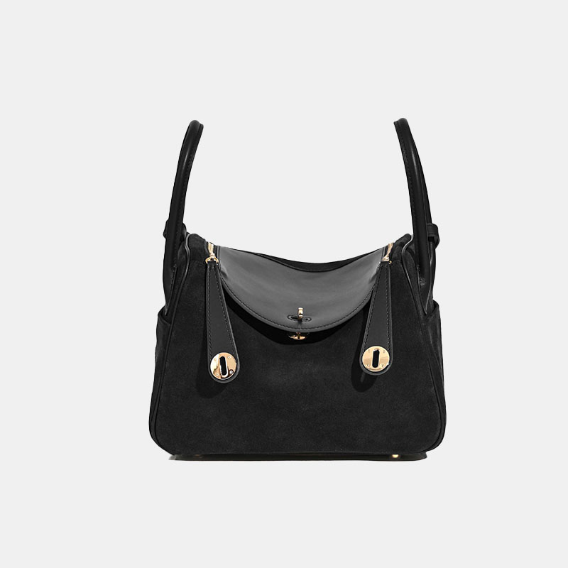 Minimalistische Boston Handtasche aus vollnarbigem Wildleder mit goldener Hardware für Damen