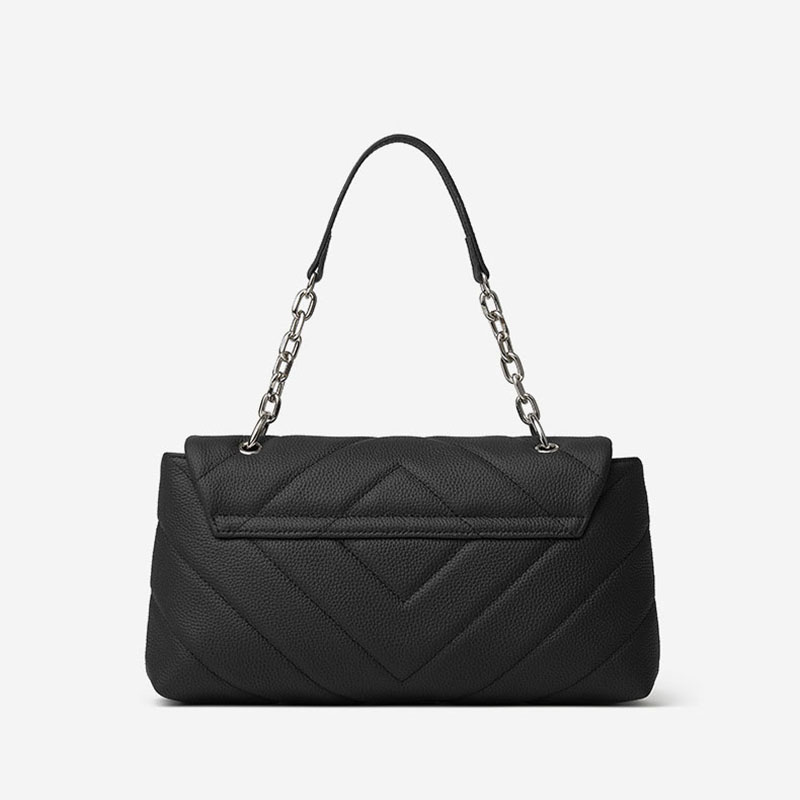 Sac à bandoulière en cuir pleine fleur matelassé pour femme, avec bandoulière en chaîne en métal argenté