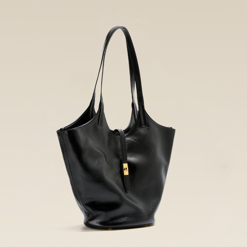 Sac fourre-tout vintage en cuir craquelé noir pour femmes, avec quincaillerie dorée