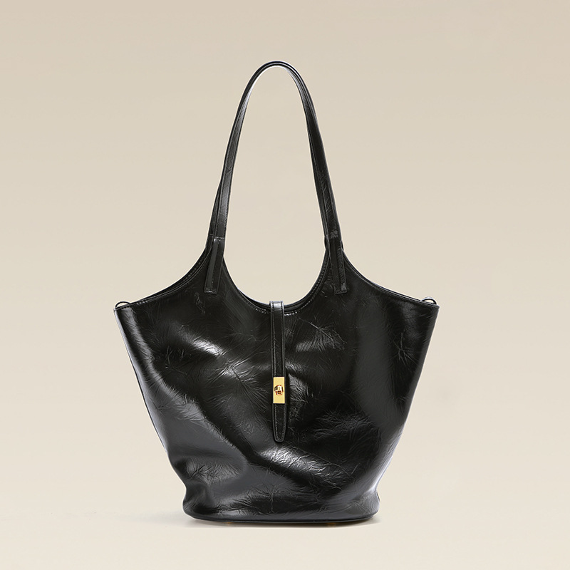 Sac fourre-tout vintage en cuir craquelé noir pour femmes, avec quincaillerie dorée