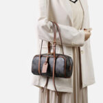 Women's Vintage Black Spilt Leather Print Boston Shoulder Baguette Bag