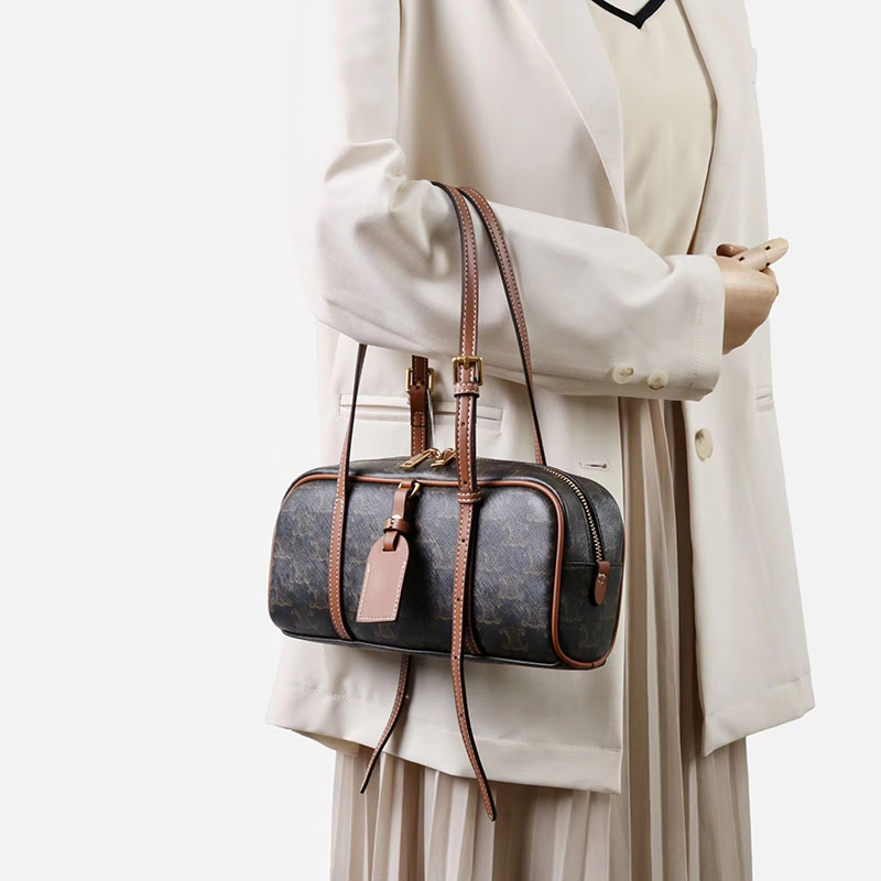 Women's Vintage Black Spilt Leather Print Boston Shoulder Baguette Bag