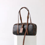 Women's Vintage Black Spilt Leather Print Boston Shoulder Baguette Bag