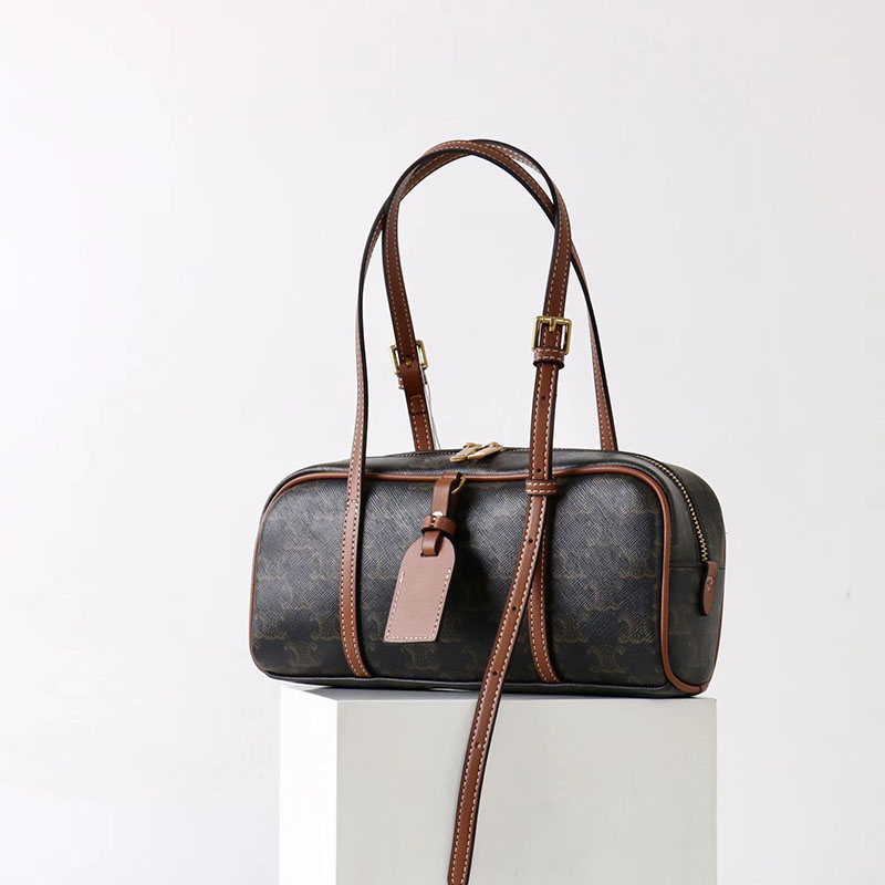 Women's Vintage Black Spilt Leather Print Boston Shoulder Baguette Bag