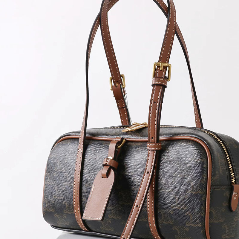 Women's Vintage Black Spilt Leather Print Boston Shoulder Baguette Bag