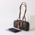 Women's Vintage Black Spilt Leather Print Boston Shoulder Baguette Bag
