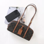 Women's Vintage Black Spilt Leather Print Boston Shoulder Baguette Bag