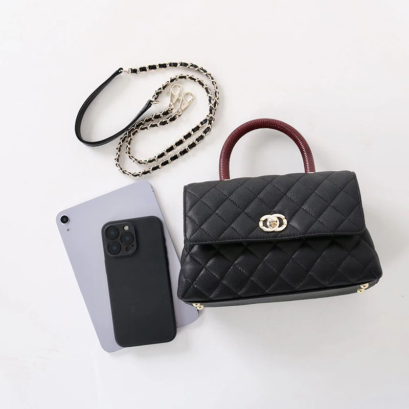 Women's Vintage Black Quilted Full-Grain Leather Chain Strap Top Handle Bag In Gold Hardware