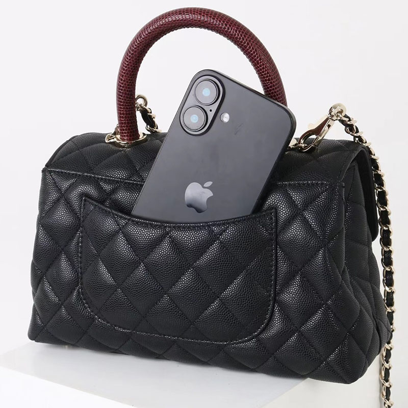 Women's Vintage Black Quilted Full-Grain Leather Chain Strap Top Handle Bag In Gold Hardware