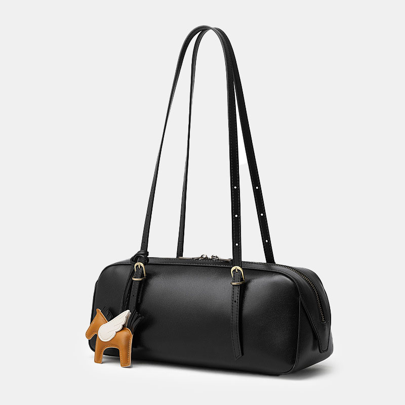 Women's Vintage Full-Grain Leather Bowling Shoulder Baguette Bag