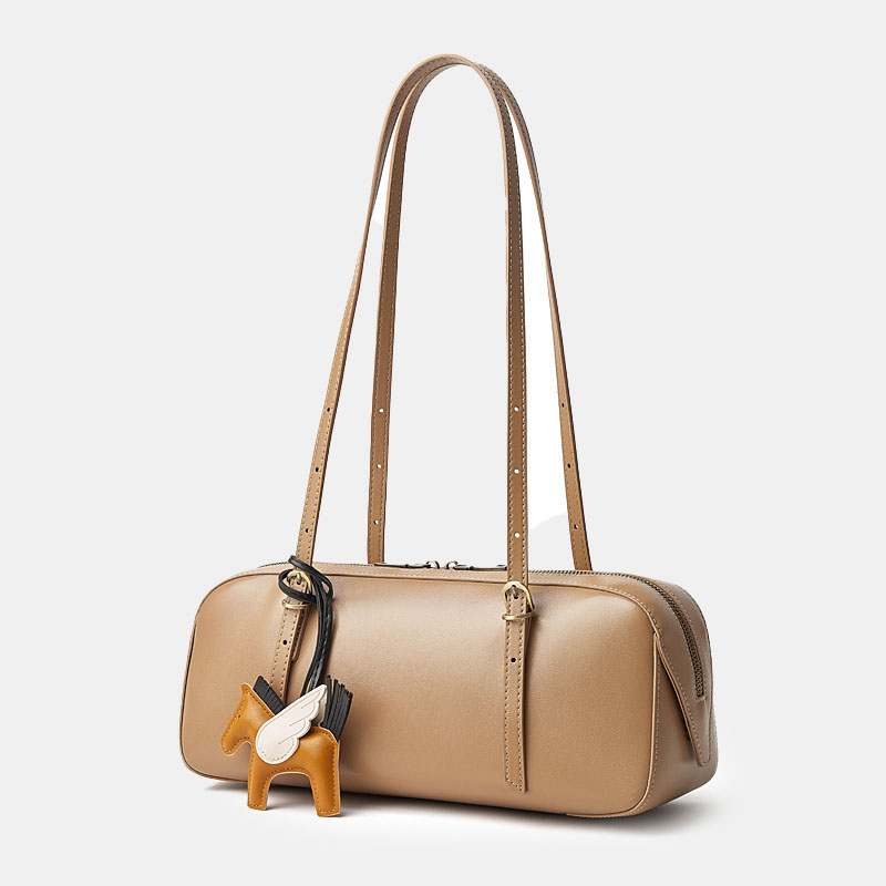 Women's Vintage Full-Grain Leather Bowling Shoulder Baguette Bag