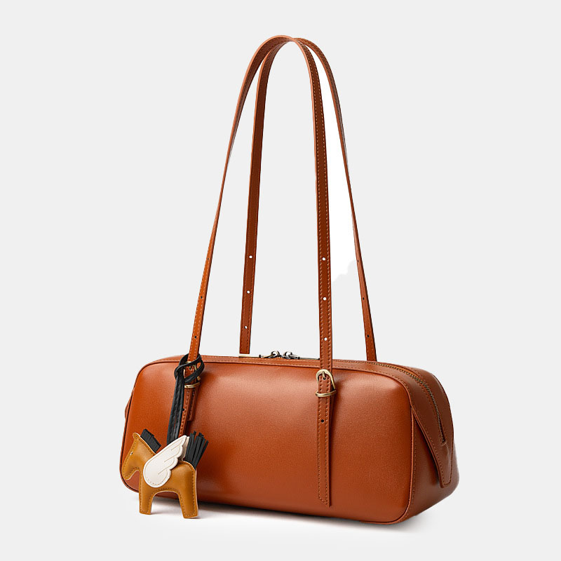 Women's Vintage Full-Grain Leather Bowling Shoulder Baguette Bag
